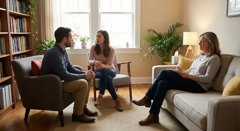 Terapia par i małżeństw - jak wygląda i kiedy warto skorzystać? Para siedząca naprzeciwko siebie podczas rozmowy z psychologiem, symbolizująca terapię par.