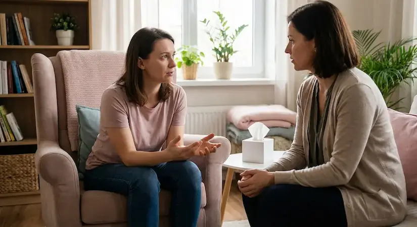 Osoba w bezpiecznej przestrzeni gabinetu psychologicznym w Kielcach, rozmawiająca o trudnych doświadczeniach.