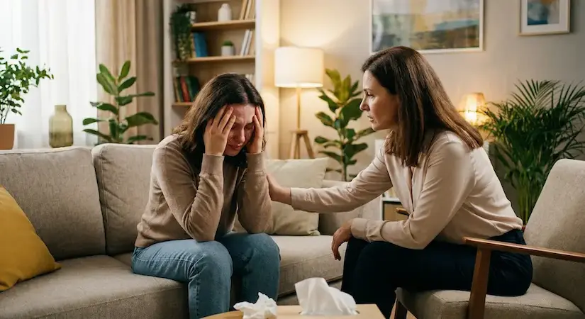 Uzależnienia: Kiedy niewinna przyjemność staje się więzieniem? Osoba w kryzysie rozmawiająca z psychologiem w przyjaznym gabinecie MediSens w Kielcach.