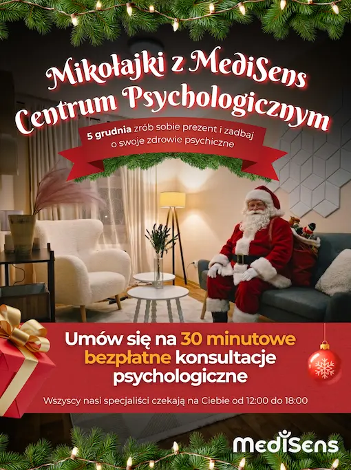 Mikołajki z MediSens - BEZPŁATNE konsultacje psychologiczne Zdjęcie wydarzenia: Mikołajki z MediSens - BEZPŁATNE konsultacje psychologiczne - Centrum Psychologiczne MediSens Kielce